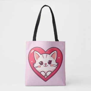 Tote Bag Mignon Chat Blanc avec Design de Kawaii Kitty Love