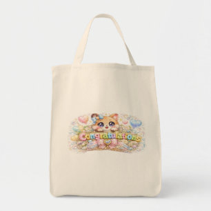 Tote Bag Mignon Kawaii Félicitations Chat Floral Rose Paste