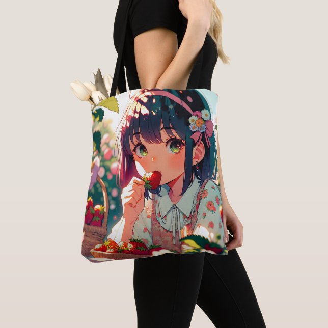 Tote Bag Mignonne Anime Girl Mange des fraises | Jour d'été (De près)