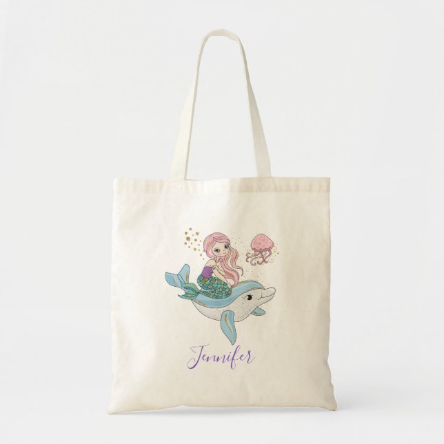 Tote Bag Mignonne Sirène chevauchant un dauphin sous la mer (Devant)