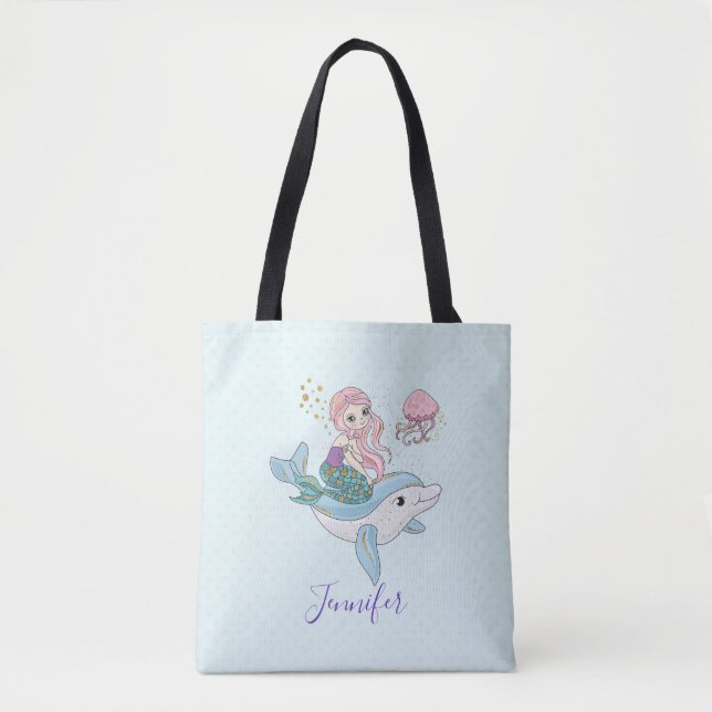Tote Bag Mignonne sirène chevauchant un dauphin sous la mer (Devant)