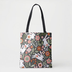Tote Bag Mignons lapins blancs, motif vintage fleuri.