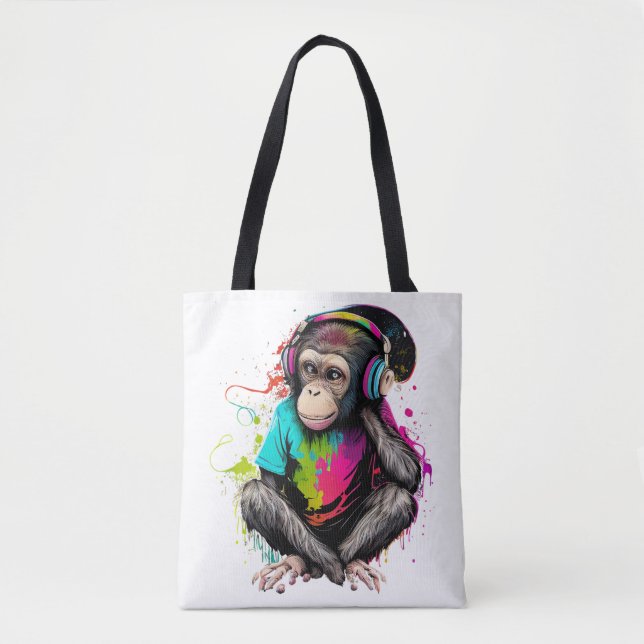 Tote Bag Mignons Singe Écouter Musique, Musique Singe Obséd (Devant)