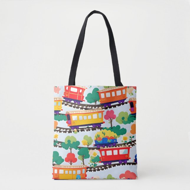 Tote Bag Mignons trains et motif d'arbres bleu (Devant)