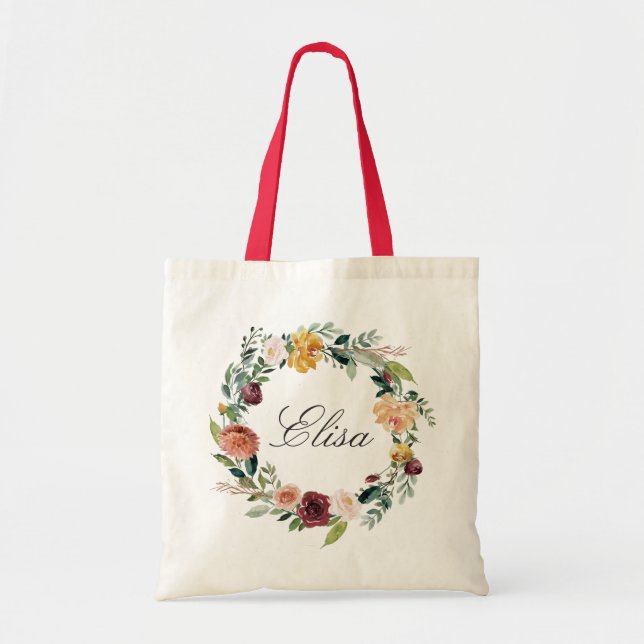 Tote Bag Miniature de couronne florale bordeaux orange (Devant)