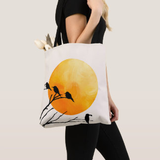 Tote Bag Minimalist Birds on Branch with Orange Sun