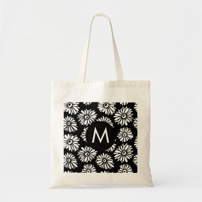 Tote Bag Minimalist Groovy Black and White Daisy Monogram (Devant)