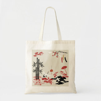 Tote Bag Minimalist Japanese Motifs: Cranes, Koi Fish, Bamb