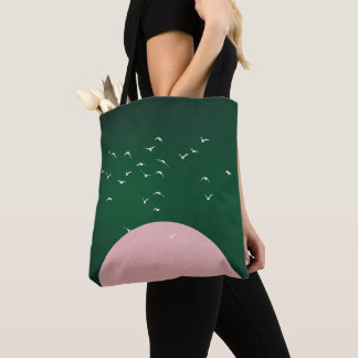 Tote Bag Minimalist Pink Moon with Birds Modern Art