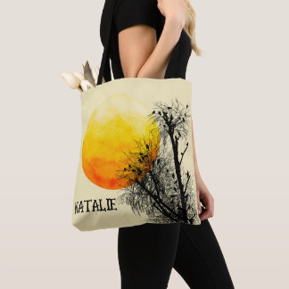 Tote Bag Minimalist Sun and Birds Watercolor Personalized