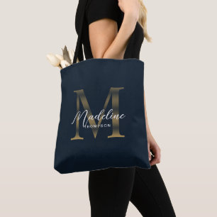 Tote Bag Minimaliste Script Métallisé Bleu Nuit Or Monogram