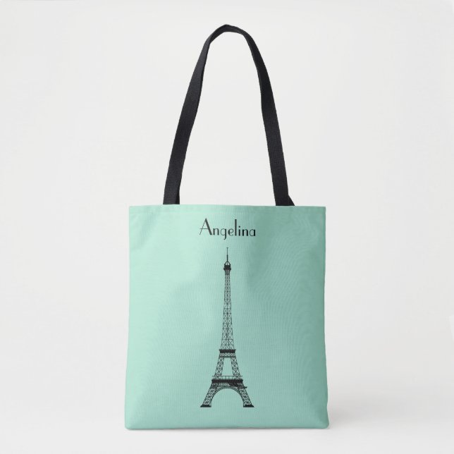 Tote Bag Mint Green Black Paris Tour Eiffel avec nom (Devant)