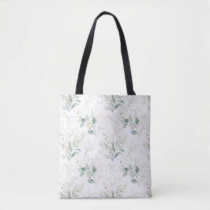 Tote Bag Mint Green Pastel Floral Greenery Motif