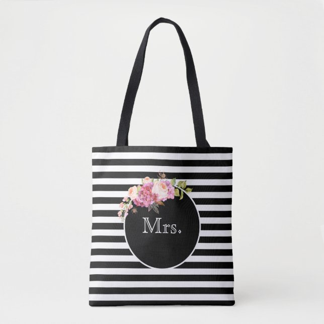 Tote Bag Mme à rayures noires et blanches et fleurs (Devant)