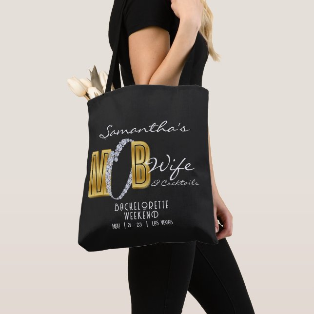 Tote Bag Mob Wife & Cocktails Black Bach Bachelorette Party (De près)