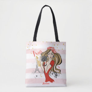 Tote Bag Mode personnalisée Fille Paris Croquis rose