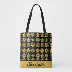 Tote Bag Modèle floral doré doodle rose nom personnalisé