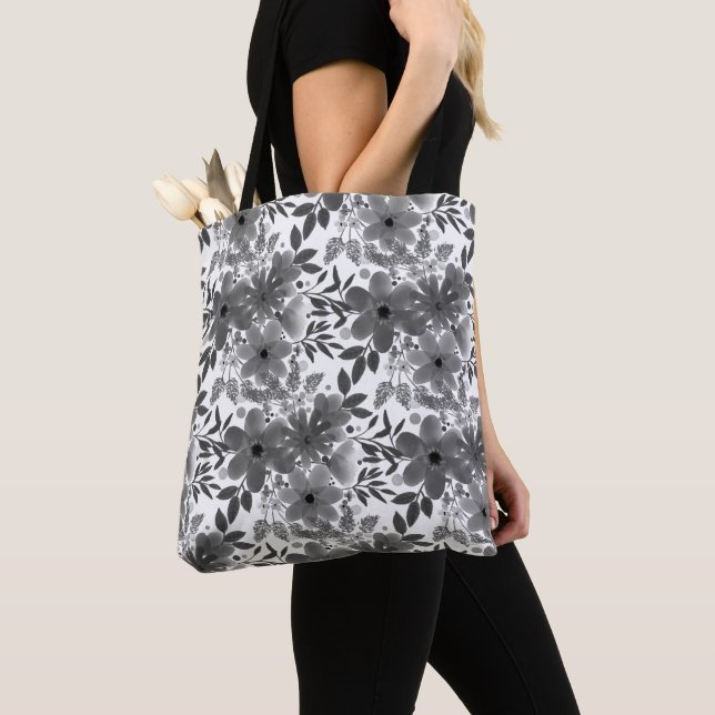 Tote Bag Modèle floral monochromatique gris/blanc élégant (De près)