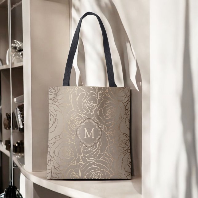 Tote Bag Modèle floral neutre élégant avec monogramme (Personalize with any monogram initial.)