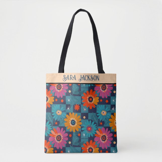 Tote Bag Modèle floral rétro vibrant avec Carrés Turquoises (Devant)