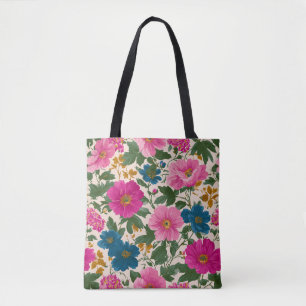 Tote Bag Modèle floral Vintage rustique bleu et rose