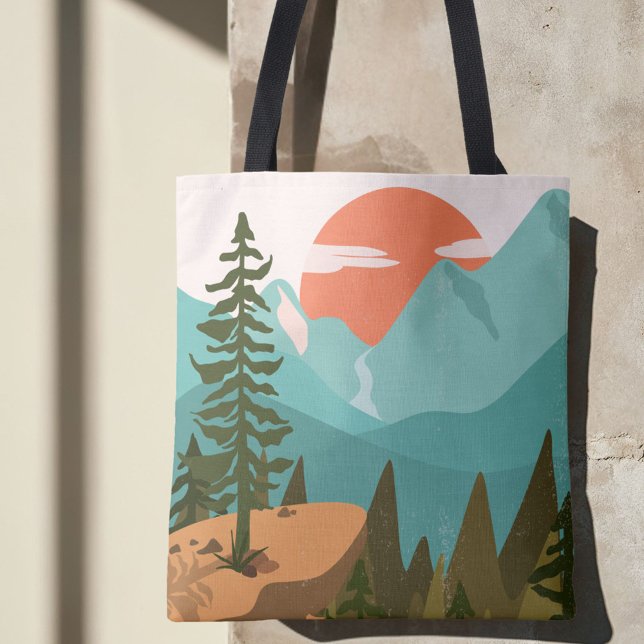 Tote Bag Modern Abstract Forest, Mountains, and Sunrise (In situ)