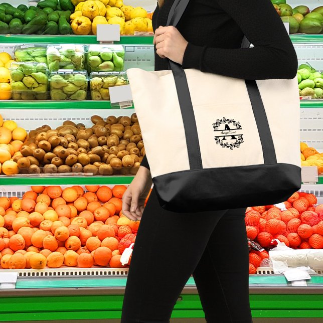 Tote Bag Modern Black Floral Wreath Split Monogram "A" (Créateur téléchargé)