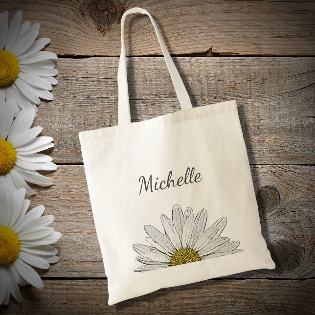 Tote Bag Modern Daisy Elegant Floral Script Typographie   (Créateur téléchargé)