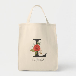 Tote Bag Modern Floral Customizable Monogrammed Letter L