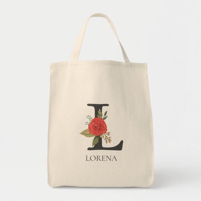 Tote Bag Modern Floral Customizable Monogrammed Letter L (Devant)