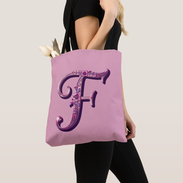 Tote Bag Modern Metallic Rosemaling Letter F, Pink/Purple (De près)