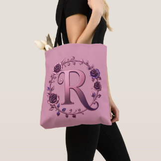 Tote Bag Modern Metallic Rosemaling Letter R, Pink/Purple