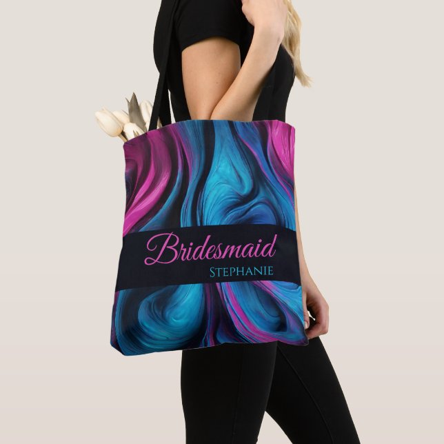Tote Bag Moderne Abstrait-bleu et rose-Bridesmaid- (De près)