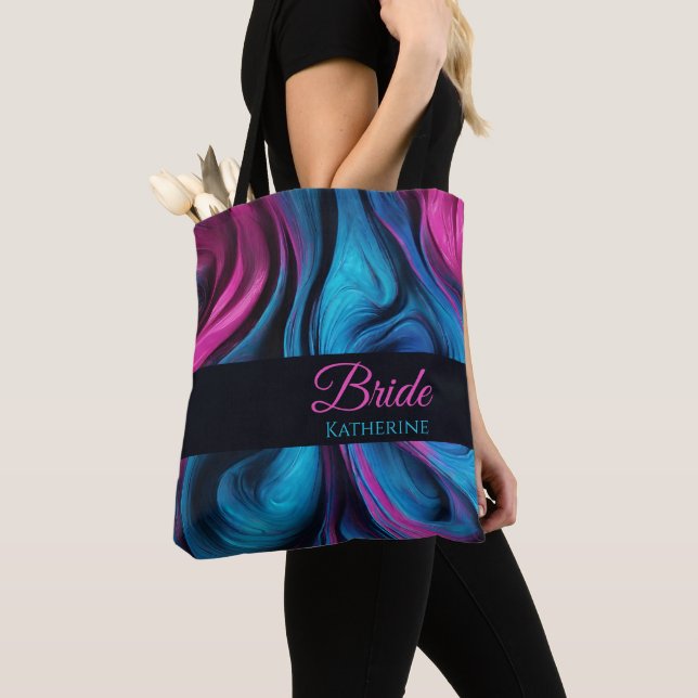 Tote Bag Moderne Abstrait-bleu et rose-mariée- (De près)