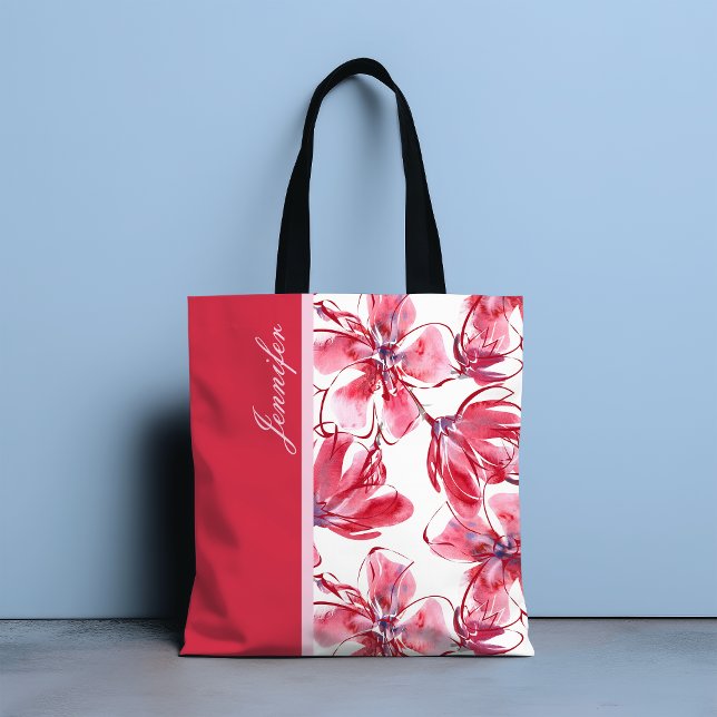 Tote Bag Moderne Chic Rouge Tropical Floral Nom personnalis (Créateur téléchargé)