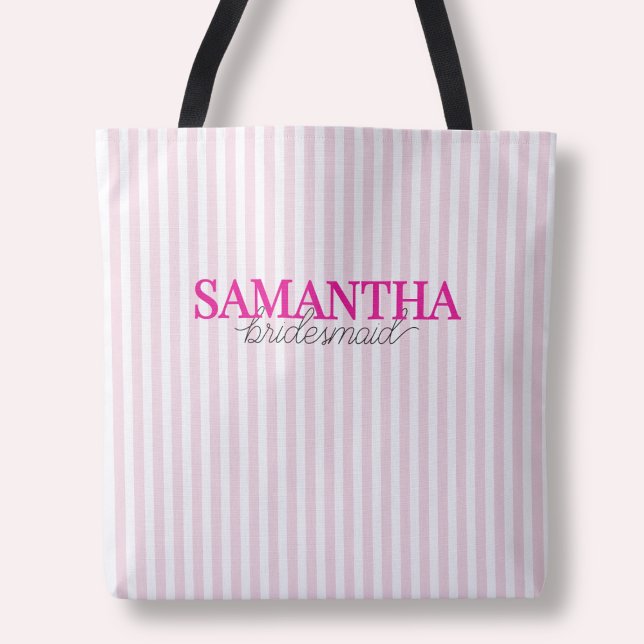 Tote Bag Moderne Demoiselle d'Honneur Personnalisée avec Éc (Modern Pink Striped Script Personalized Bridesmaid Tote Bag)