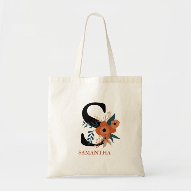 Tote Bag moderne éditable terre cuite floral monogrammed (Devant)