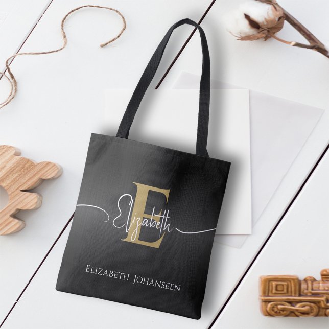 Tote Bag Moderne Élégant Noir Or Monogramme Nom du script (Créateur téléchargé)