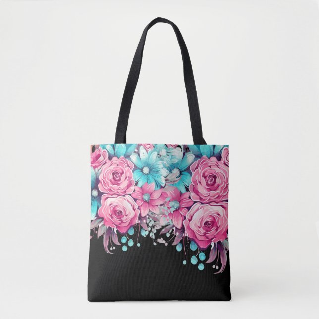 Tote Bag Moderne Elegant rose & Turquoise Floral Fourre-tou (Devant)