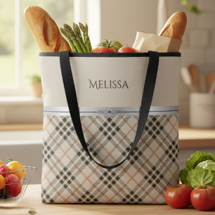 Tote Bag Moderne Ferme Beige Motif à Carreaux