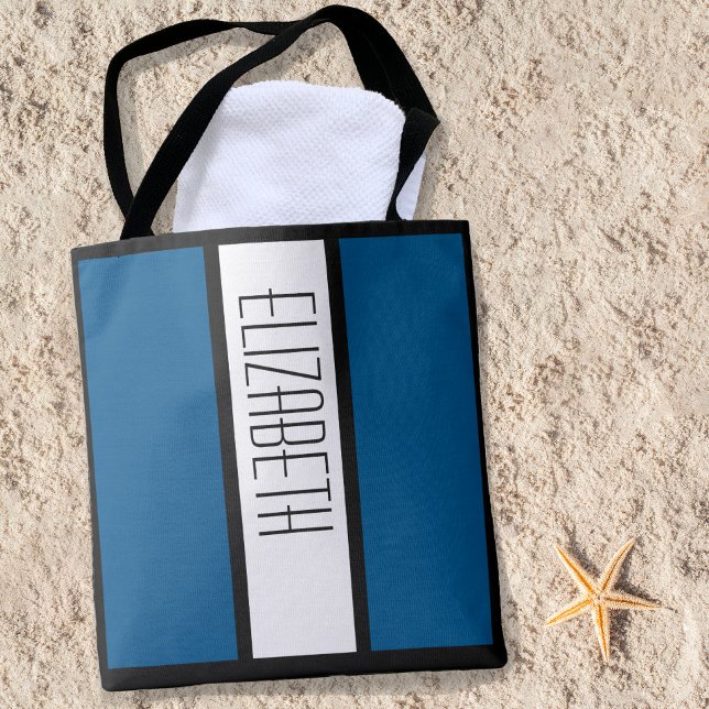 Tote Bag Moderne Gras Bloc Personnalisé Nom Classique Bleu (Créateur téléchargé)