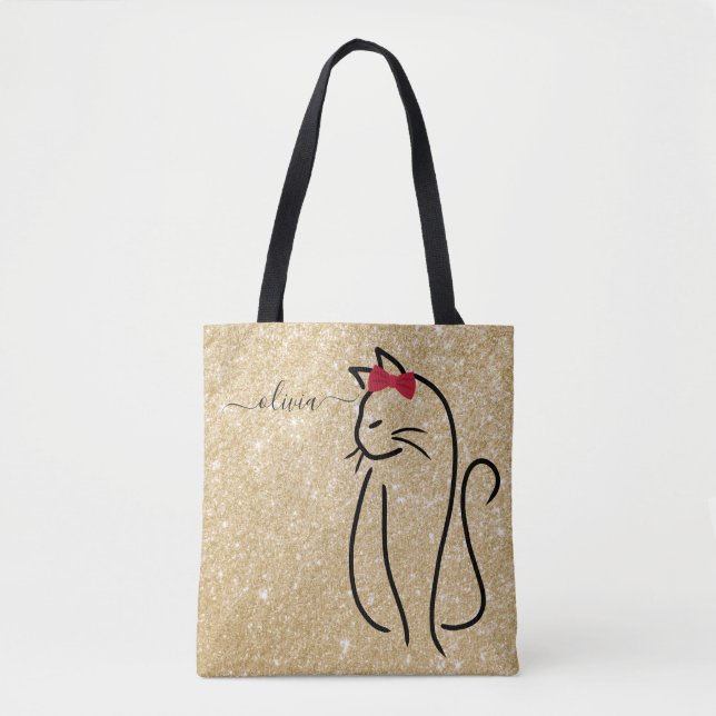 Tote Bag Moderne minimaliste Élégant Chat Ajouter un nom (Devant)
