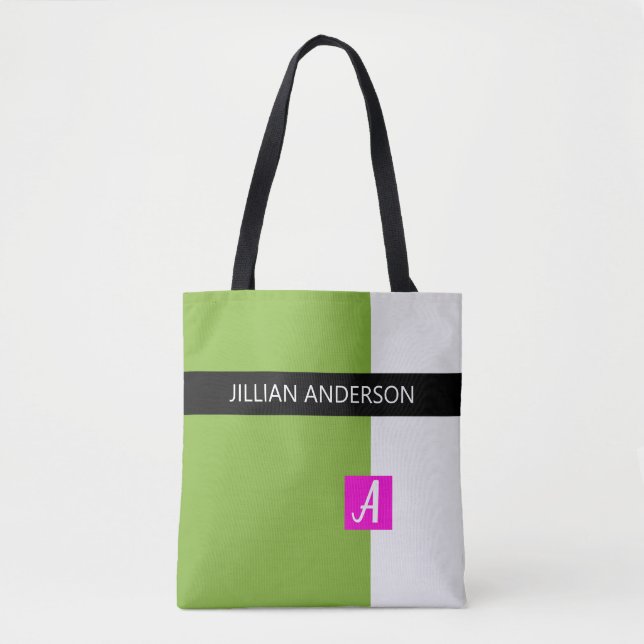 Tote Bag Moderne Monogramme Bloqué de Couleur Verte (Devant)