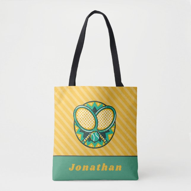 Tote Bag Moderne Tennis Design Thème Raquettes Ball & Nom A (Devant)