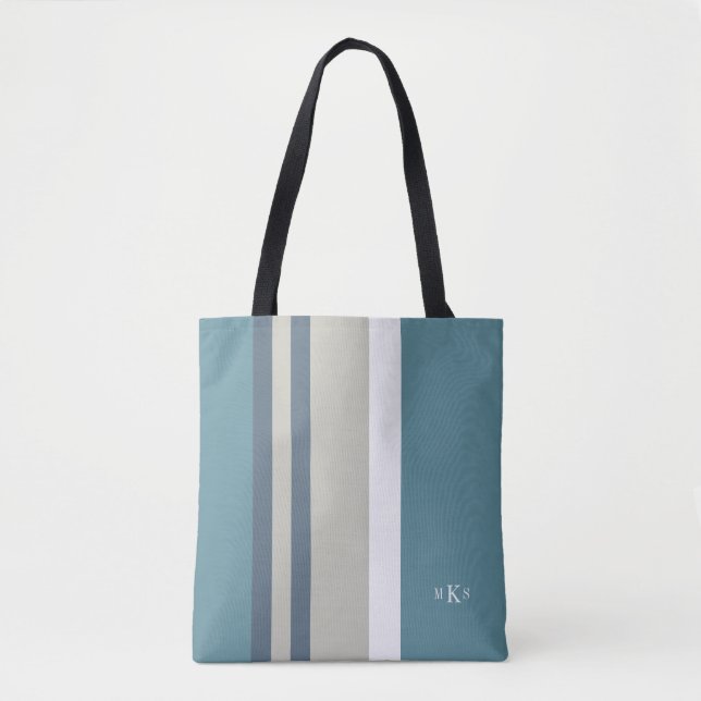 Tote Bag Moderne Turquoise bleu et tan rayé Personnalisé (Devant)