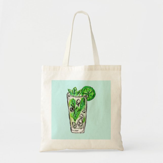 Tote Bag Mojito en bon état en cocktail d'aquarelle d'été (Devant)