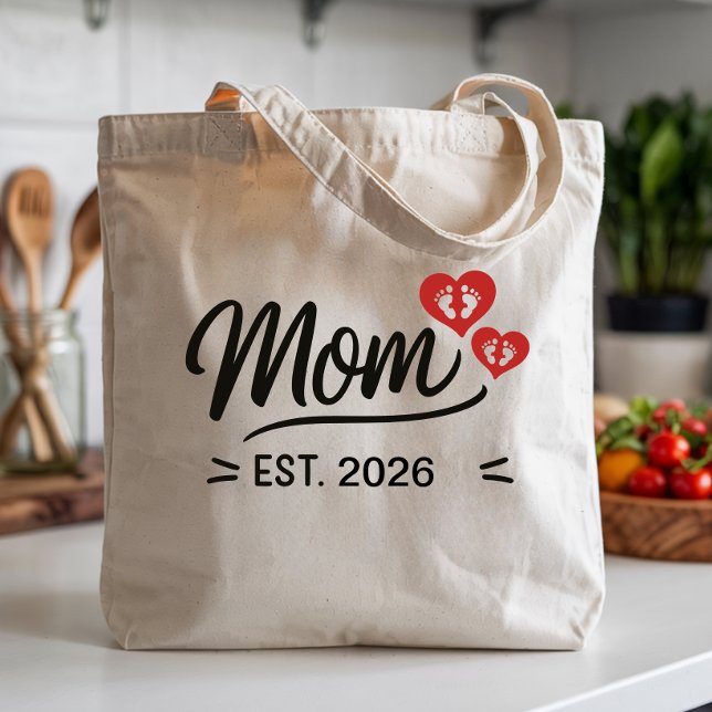 Tote Bag Mom Established Mothers Day Name Year Script Heart (new mom established script tote bags simple minimal script font mother mama mum script modern mother)