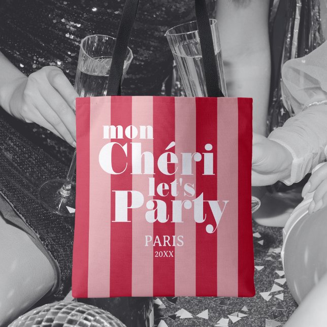 Tote Bag Mon Cherie Faisons la Fête Cerise Rouge Rayure Gra (Créateur téléchargé)