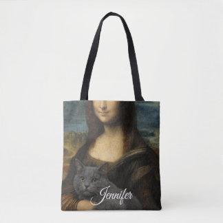 Tote Bag Mona Lisa tenant un élégant chat gris             