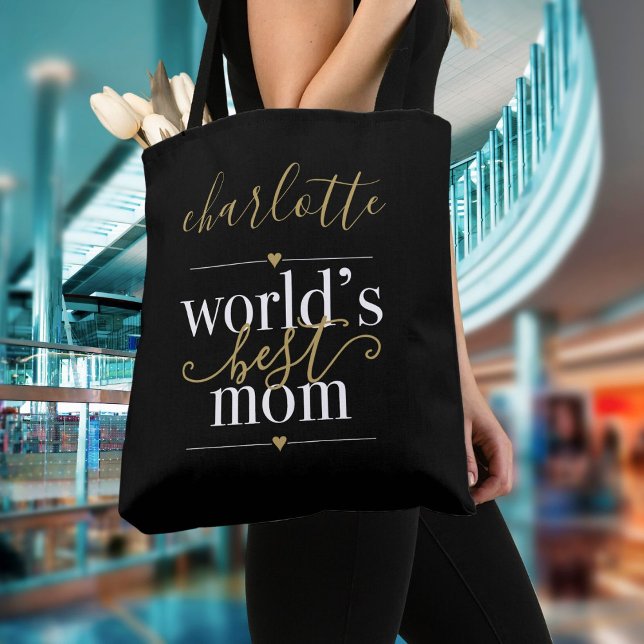 Tote Bag Mondes Noir Et Or Personnalisés Meilleur Maman (Personalized Black And Gold Worlds Best Mom Tote Bag)